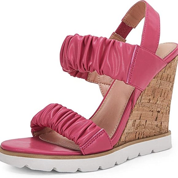 PIEPIEBUY Flirty Ruched Faux Leather High Cork Wedge Sandals NEW IN BOX! - Picture 2 of 8